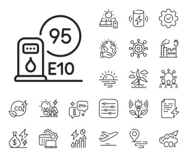 Filling station sign. Energy, Co2 exhaust and solar panel outline icons. Petrol station line icon. E10 petroleum fuel symbol. Petrol station line sign. Eco electric or wind power icon. Vector clipart