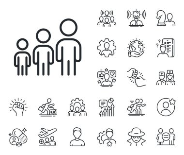 Takım çalışması burcu. Uzman, doktor ve iş yarışması ikonları. İş hiyerarşisi çizgi simgesi. Grup insanlarının sembolü. İş hiyerarşisi işareti. Vektör