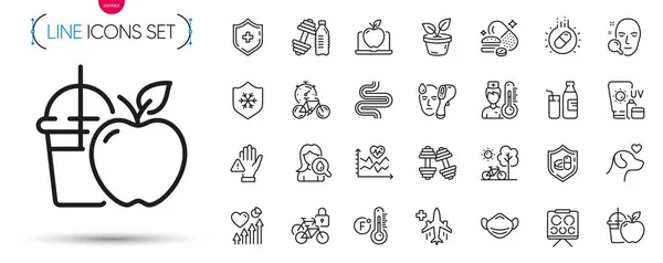 Pack Overeating Pills Bicycle Medical Shield Line Icons Include Medical — Stock Vector