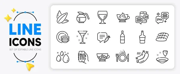 Wine Bottle Food Wine Glass Line Icons Set App Include — Stock Vector