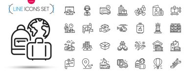 Varış yeri bayrağı, tıbbi helikopter ve nakliye destek hattı simgeleri. Gemi, Deniz feneri, pasaport resimli resim simgeleri dahil. Harita, gaz tüpü, kutucuk işaretleri. Garajda. Vektör