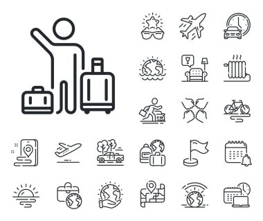 Havalimanı transfer işareti. Uçak jeti, seyahat haritası ve bagaj teslim ikonları. Bagaj geri yükleme hattı simgesi. Uçuş çantaları sembolü. Havaalanı transfer hattı işareti. Araba kiralama, taksi taşıma ikonu. Vektör