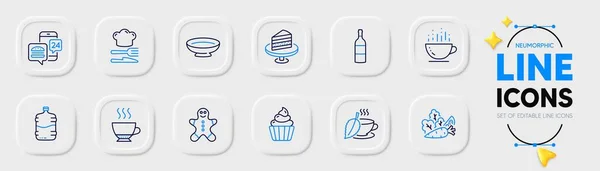 ジンジャーブレッドマン ウェブアプリ用のケーキとディッシュラインアイコン カップケーキ エスプレッソ 野菜ピクトグラムアイコンのパック コーヒーカップ クーラーボトル フードサイン ワインボトル フードアプリ — ストックベクタ