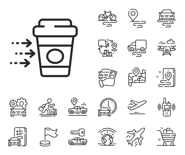 软饮料标志 供应链和位置概述图标 咖啡运输线图标 饮食服务的象征 咖啡运输线的标志 出租车交通 租个自行车图标 — 图库矢量图片