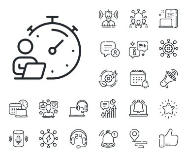 Görev kronometre zaman işareti. Konum, teknoloji ve akıllı hoparlörler ikonları yerleştirin. Çalışma zamanı çizgisi simgesi. Çevrimiçi geri sayım saati sembolü. Zamanlayıcı işareti. Etkileyici, marka büyükelçisi ikonu. Vektör