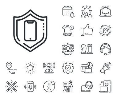 Telefon kalkanı işareti. Konum, teknoloji ve akıllı hoparlörler ikonları yerleştirin. Akıllı telefon koruma hattı simgesi. Mobil cihaz sembolü. Akıllı telefon koruma hattı işareti. Vektör