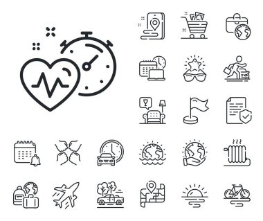 Yağ yakma zamanı işareti. Uçak jeti, seyahat haritası ve bagaj teslim ikonları. Kardiyo eğitim zaman çizgisi simgesi. Spor salonu kalp atışı sembolüne uyuyor. Kardiyo eğitim çizgisi işareti. Vektör