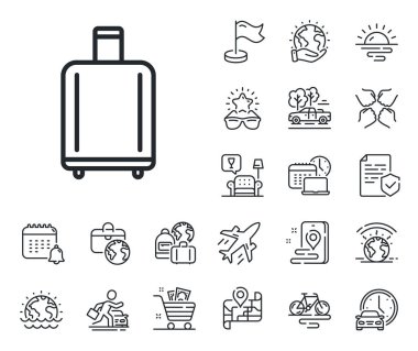 Uçak bagaj tabelası. Uçak jeti, seyahat haritası ve bagaj teslim ikonları. Havaalanı bagaj yükleme hattı simgesi. Uçuş çantası sembolü kontrol edildi. Bagaj teslim hattı tabelası. Vektör