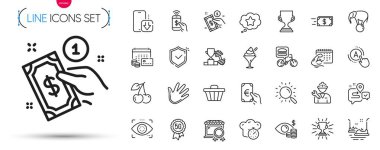 5G teknolojisi, Fil top ve Kalkan çizgisi simgeleri. Sadakat Yıldızı, En İyi Pazar, Ödül Kupası ikonları dahil. El, telefon ödemesi, ödül işaretleri. Aptal, Fitness takvimi. Vektör