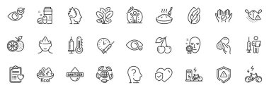 Uygulama için yulaf lapası, termometre ve kapsül hap çizgisi simgeleri olarak simgeler arasında Checeye Eye, Shield, Hand dezenfektanı ve ince ikon web seti bulunmaktadır. Hayat sigortası, hasta geçmişi. Vektör