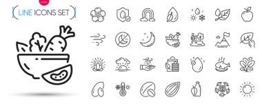 Bir paket hava durumu, organik test ve su geçirmez çizgi simgeleri. Gökkuşağı, Lotus, balık yemeği ikonları dahil. Biyo-alışveriş, rüzgar enerjisi, ıspanak işaretleri. Soya fıstığı, uykusuzluk, çiğ tanesi. Vektör