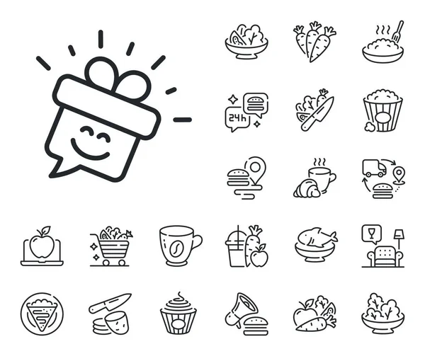 Gift Box Emoticon Sign Crepe Sweet Popcorn Salad Outline Icons — Stock Vector