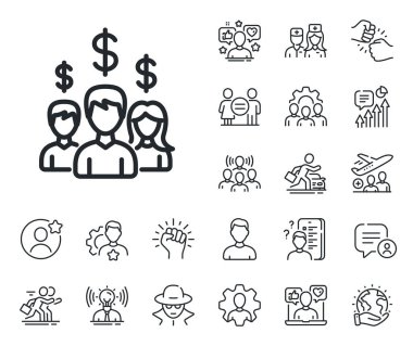 Dolar işaretli bir grup insan. Uzman, doktor ve iş yarışması ikonları. İş ağı çizgisi simgesi. Maaş çalışanları hattı işareti. Avatar yer tutucu, casus vesikalığı ikonu. Vektör