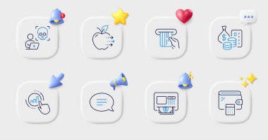 Cüzdan, Para ve Gıda dağıtım hattı simgeleri. 3D zilli düğmeler, sohbet konuşması, imleç. Grafik çizelgesi paketi, sohbet, ATM simgesi. Siber saldırı, kredi kartı fotoğrafı. Web uygulaması için, yazdırma. Vektör