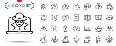 Bir paket hatırlatıcı, güvenli zaman ve teklif satırı simgeleri. Cüzdan parası, Pictogram ikonları gibi hızlı ipuçları da dahil. Şimşek, yıldız, dolandırıcılık işaretleri. Belge, ticari bilgi şeması, su geçirmez. Vektör