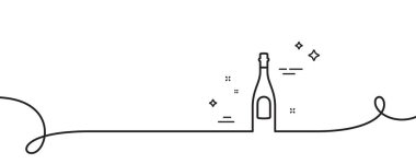 Şampanya şişesi çizgisi ikonu. Kıvrımlı tek bir çizgi. Yıldönümü alkol işareti. Kutlama içkisi. Şampanya tek şeritli şerit. Döngü eğrisi modeli. Vektör