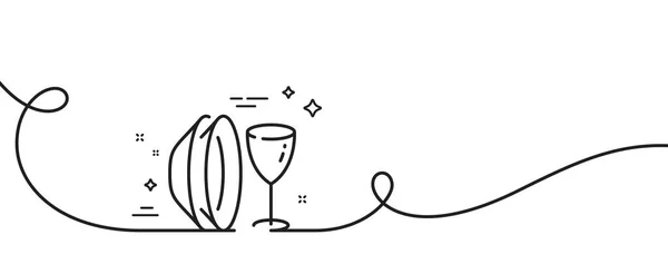ディッシュプレートラインアイコン カールとの連続した1行 テーブルウェアのワイングラスサイン フードキッチン用シンボル ディッシュプレートシングルアウトラインリボン ループ曲線パターン ベクター — ストックベクタ
