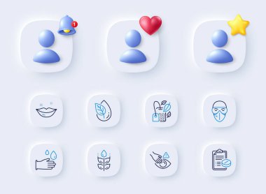 Dokunma, tıbbi maske ve tıbbi reçete simgeleri. 3D zilli, yıldızlı, kalpli bir yer tutucu. Bir paket bedava glüten, nane torbası, lastik eldiven ikonu. Dudaklar, organik ürün piktogramı. Vektör