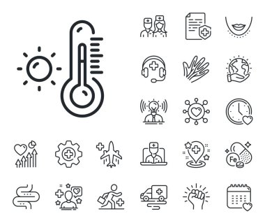 Hava sıcaklığı işareti. Çevrimiçi doktor, hasta ve ilaç ikonları. Termometre çizgisi simgesi. Ateş ölçme sembolü. Hava durumu termometresi işareti. Vektör