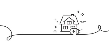 Ev şarj çizgisi simgesi. Kıvrımlı tek bir çizgi. Ev arabası şarj levhası. Elektrik güç sembolü. Evde şarj edilen tek taslak şerit. Döngü eğrisi modeli. Vektör