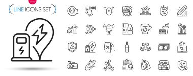 Bir paket Brandy şişesi, Muhafız ve çizgi simgeleri. İnternet, Muhasebe, Ödeme resim simgeleri dahil. Hamburger, Kart, Babalar Günü işaretleri. Kredi, teslimat bisikleti, alet çantası. Vektör