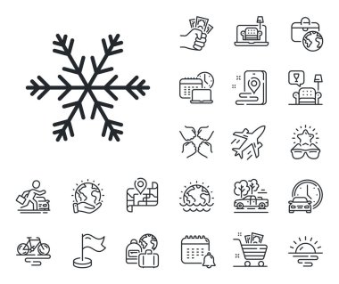 Kar tanesi tabelası. Uçak jeti, seyahat haritası ve bagaj teslim ikonları. Klima hattı simgesi. Otel servis sembolü. Havalandırma hattı tabelası. Araba kiralama, taksi taşıma ikonu. Vektör