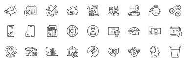 Doktor olarak simgeler, Uygulama için Smartphone kırılmış ve Kurtarma bilgisayar hattı simgeleri arasında küresel sigorta, sertifika, 5 g bulut ana hatları ince simge web seti bulunmaktadır. 360 derece, video konferansı. Vektör