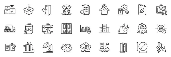 Icons Pack Als Kanister Offene Tür Und Paketortungszeile Symbole Für — Stockvektor