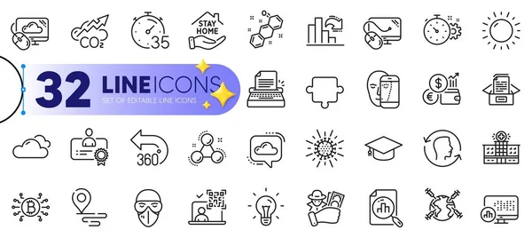 stock vector Outline set of Analytics graph, Qr code and Face id line icons for web with Face biometrics, Cloud communication, Bitcoin system thin icon. Chemical formula, Coronavirus. Vector