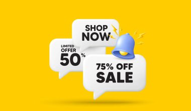 İndirim% 75. 3D sohbet baloncukları sunar. Promosyon fiyatı tabelası. Satış rozeti sembolü. İndirimli konuşma balonu 3D mesajı. Zilli konuşma kutusu afişi. Vektör