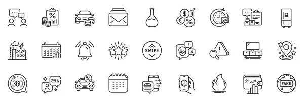 stock vector Icons pack as Calendar, 24h delivery and Inventory report line icons for app include Inflation, Chemistry lab, Attention outline thin icon web set. Car leasing, Fire energy. Vector