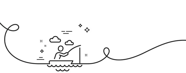 ボート釣りラインアイコン カールとの連続した1行 ロッドサイン付きの漁師 魚のシンボルを捕まえる ボート釣りシングルアウトラインリボン ループ曲線パターン ベクター — ストックベクタ