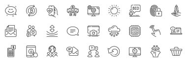 Uygulama için Cloud depolama, güneş enerjisi ve hesap çizgisi simgeleri olarak simgeler paketlenir: Crowdfunding, Kardiyo eğitimi, ekonomi ana hatları ince ikon web seti. Küresel iş, aşağı kaydır. Vektör