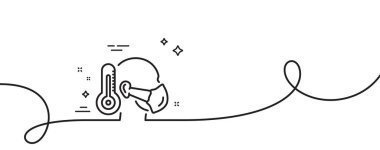 Tıbbi maske çizgisi ikonu olan hasta adam. Kıvrımlı tek bir çizgi. Güvenli solunum maskesi işareti. Coronavirus koruma sembolüyle karşı karşıya. Hasta adam tek şeritli taslak. Döngü eğrisi modeli. Vektör