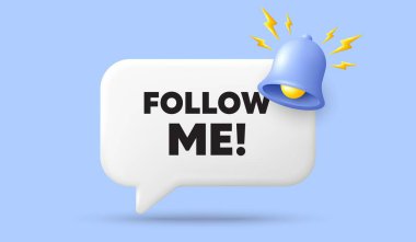 Beni takip et. Üç boyutlu çıngıraklı pankart. Özel teklif işareti. Süper teklif sembolü. Sohbet mesajımı takip et. 3D konuşma kutusu sunar. Vektör