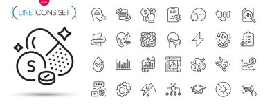 Öksürük, Yeniden Yapılanma ve Pazarlama Hattı simgeleri. Mezuniyet şapkası, Labirent dikkati, biyometrik güvenlik resim simgeleri dahil. Güncelleme zamanı, Analitik grafik, rapor belgeleri. Vektör