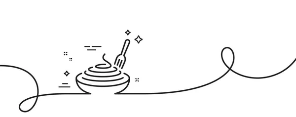パスタ料理ラインアイコン カールとの連続した1行 マカロニのサインでプレート フォークシンボル付きのフードボウル パスタディッシュシングルアウトラインリボン ループ曲線パターン ベクター — ストックベクタ