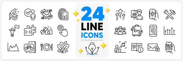 Icone Set Icone Della Linea Gruppo Puzzle Diagramma Confezione App — Vettoriale Stock