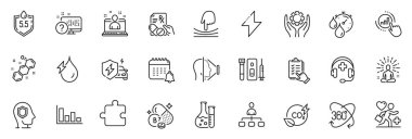 Tıbbi destek olarak simgeler paketlenir, uygulamalar için Takvim ve Kimya laboratuvar çizgisi simgeleri Elastic, Patient, Puzzle ana hatları ince simge web seti içerir. Kimyasal formül, Yoga, Yönetim piktogramı. - Kan. Vektör