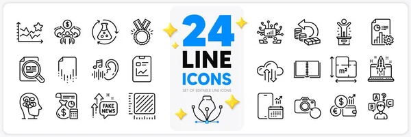 stock vector Icons set of Cash back, Fake news and Report document line icons pack for app with Start business, Recovery photo, Floor plan thin outline icon. Stress, Report, Teamwork pictogram. Vector