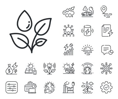Yapraklar çiğ işareti. Enerji, karbondioksit egzozu ve güneş paneli ikonları. Bitki sulama çizgisi simgesi. Çevresel bakım sembolü. Bitki sulama hattı işareti. Eko elektrik ya da rüzgar gücü ikonu. Vektör