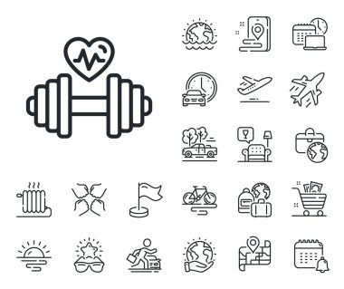 Spor malzemeleri tabelası. Uçak jeti, seyahat haritası ve bagaj teslim ikonları. Kalp atışı ikonu olan bir aptal. Kardiyo Spor Salonu sembolü. Aptal çizgi işareti. Araba kiralama, taksi taşıma ikonu. Vektör