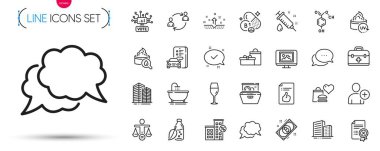 Bir paket ilk yardım, Sohbet mesajı ve bina hattı simgeleri. Şarap kadehi, Bitcoin, Noktalar 'ın resimli mesaj simgeleri dahil. Yiyecek bağışı, kimyasal formül, banyo işaretleri. Nemlendirici krem. Vektör