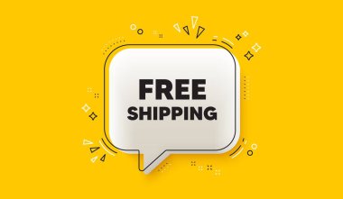 Bedava nakliye etiketi. Üç boyutlu konuşma balonu sarı pankart. Teslimatta tabela vardı. Özel teklif sembolü. Ücretsiz sevkiyat sohbet balonu mesajı. Konuşma kutusu bilgi grafikleri. Vektör