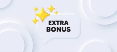 Fazladan ikramiye etiketi. Sohbet baloncuklu neumorfik arka plan. Özel hediye tanıtım tabelası. Satış terfisi sembolü. Ekstra bonus konuşma mesajı. 3D yıldızlı pankart. Vektör