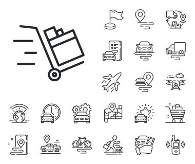 Servis tabelası. Uçak, tedarik zinciri ve konum belirleme simgeleri. Araba çizgisi simgesine bas. Nakliye sembolü. At arabası tabelasına bas. Taksi nakliyesi, bisiklet ikonu kiralama. Seyahat haritası. Vektör