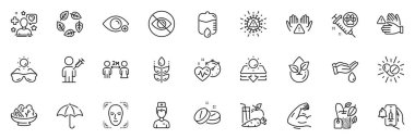 Uygulama için simgeler: Dokunma, Güneş Gözlüğü ve Doktor satırı simgeleri aşı duyurusu, Bırakma sayacı, Güneş koruma ana hatları ince simge web seti. Kardiyo eğitimi. Vektör