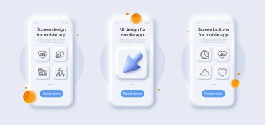Gerçek aşk, kapsama ve flört çizgisi simgeleri. İmleci olan 3D telefon motifleri. Cam akıllı telefon ekranı. Boşanma avukatı, tatlı ol, Friends sohbet sitesi ikonu. Heart, Care pictogram. Vektör