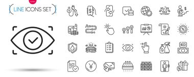 Bir paket Checklist, Yaratıcı Boyama ve Dağıtım Adam çizgisi simgeleri. Seyahat yolunu, Bilgisayar faresini, biyometrik göz resimleme simgelerini dahil et. Yen parası, hazine haritası, solunabilir yatak tabelaları. Vektör