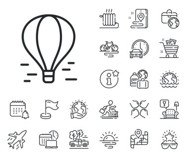 Sepet işaretli bir uçuş. Uçak jeti, seyahat haritası ve bagaj teslim ikonları. Hava balonu çizgisi simgesi. Lunapark sembolü. Hava balonu işareti. Araba kiralama, taksi taşıma ikonu. Vektör